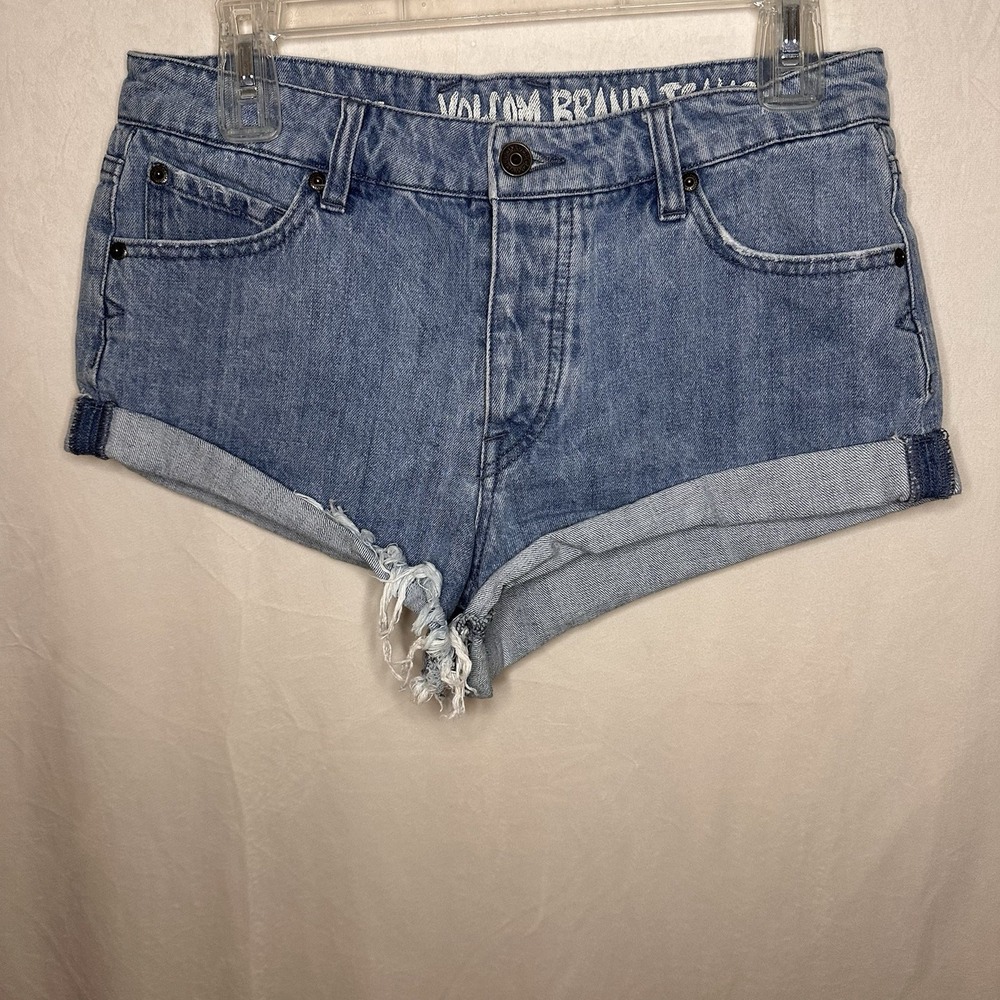 Vintage Y2K Volcom Mini Skater Stone Rolled Blue Denim Shorts Size 5 Grunge Alt